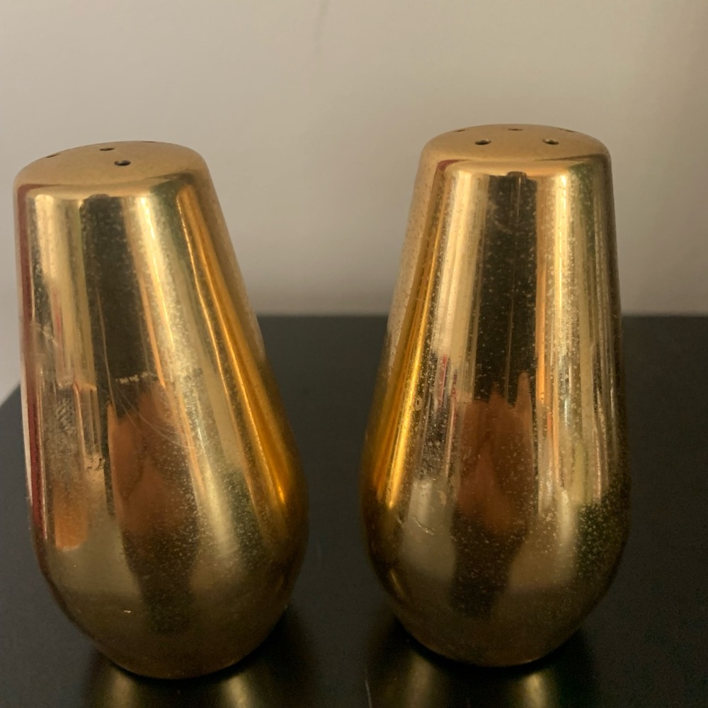 Mid Century Modern classically tapered gold tone salt and pepper shakers